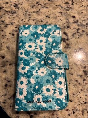 Michael Kors Teal Flowers Saffiano Leather  Phone Folio Case for Apple X/XS